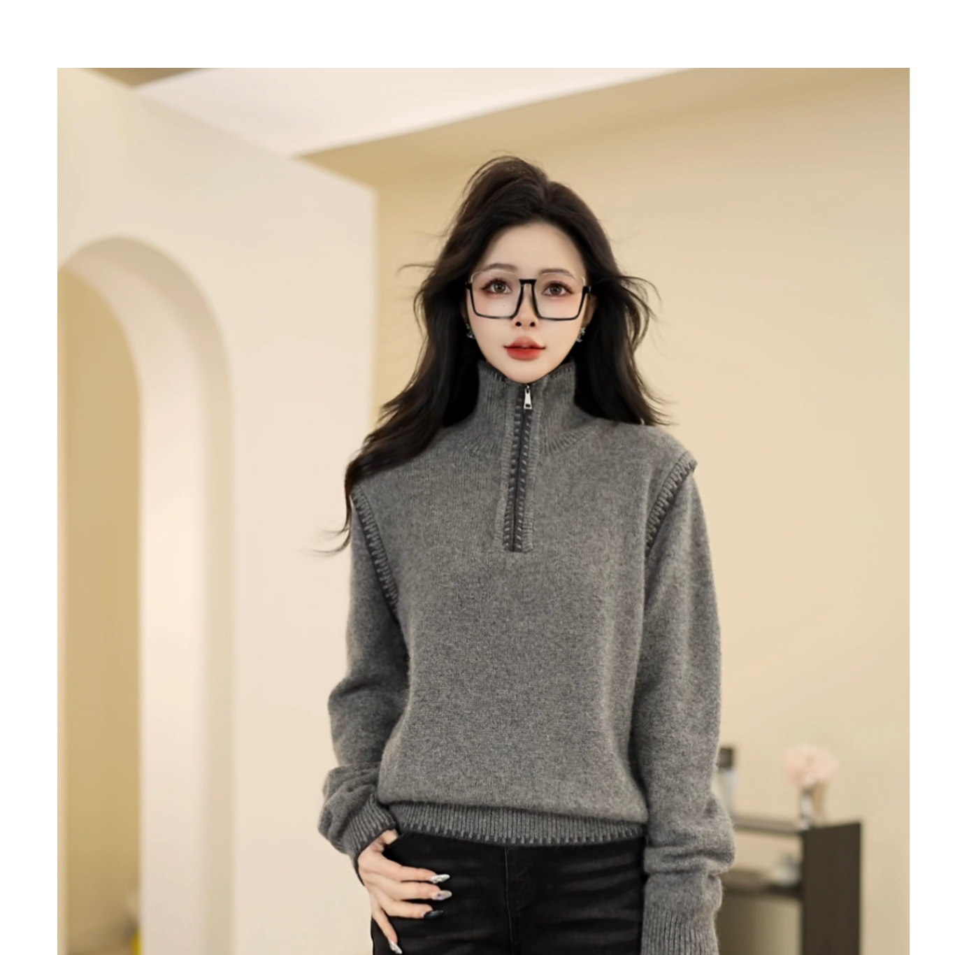 Jamor26早春新款百搭气质显瘦长袖高领半开扣针织套衫女