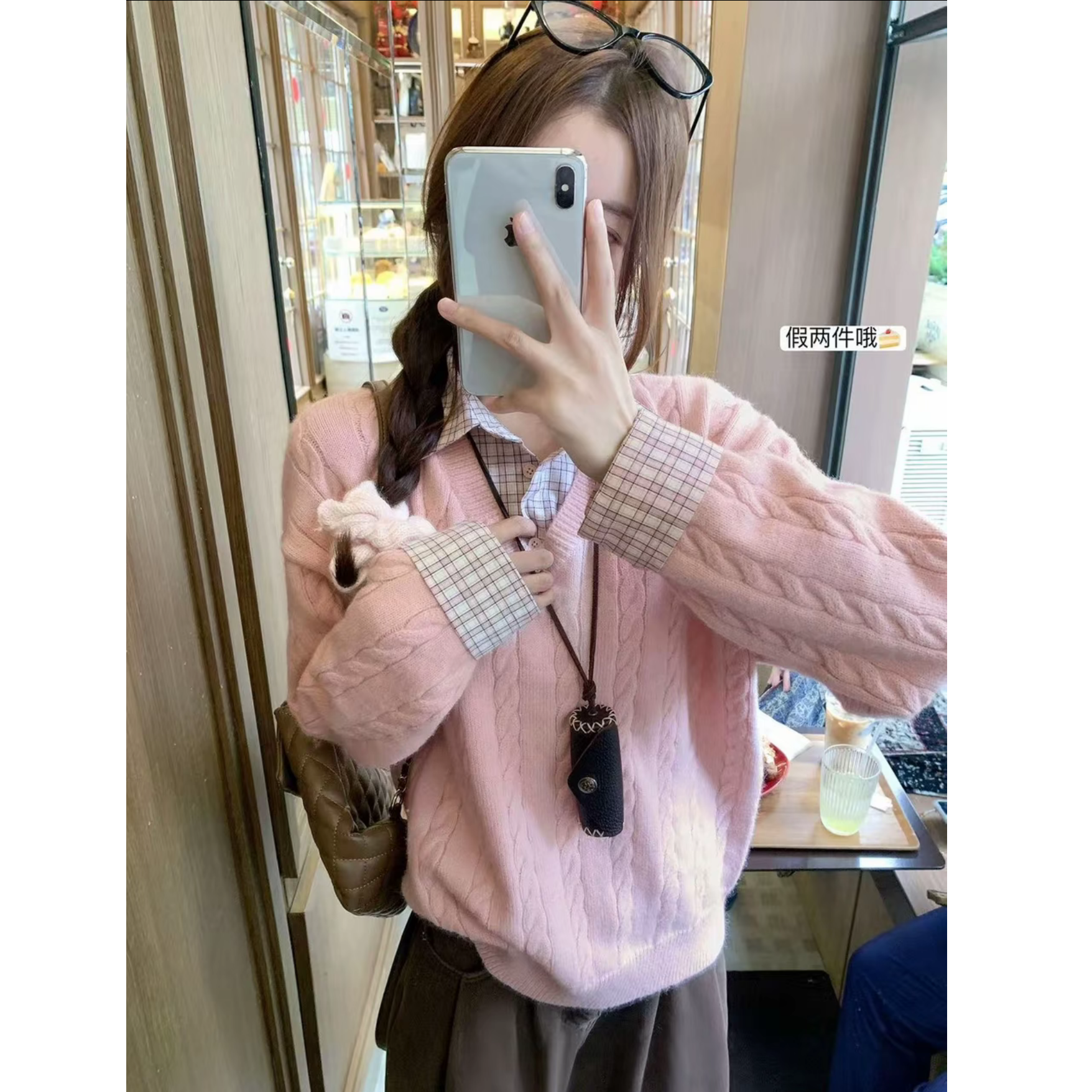 韩系假两件格子衬衫拼接polo领宽松加厚针织衫女秋冬复古毛衣