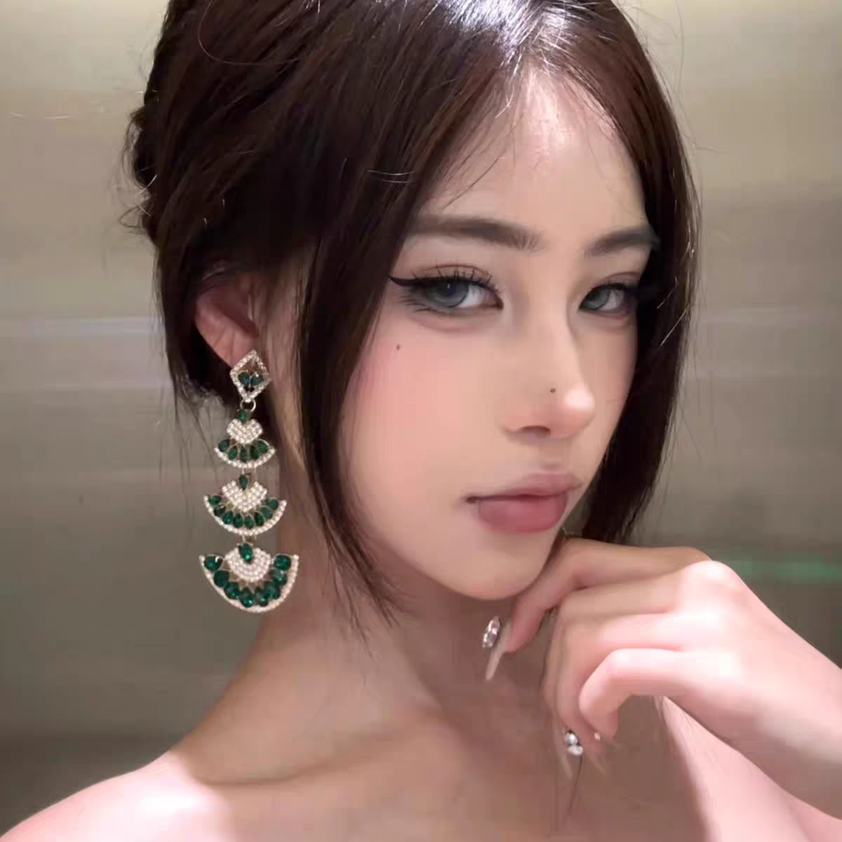 合金玻璃耳饰 耳饰银针镶钻绿色耳环女耳坠轻奢高级感耳饰夸张