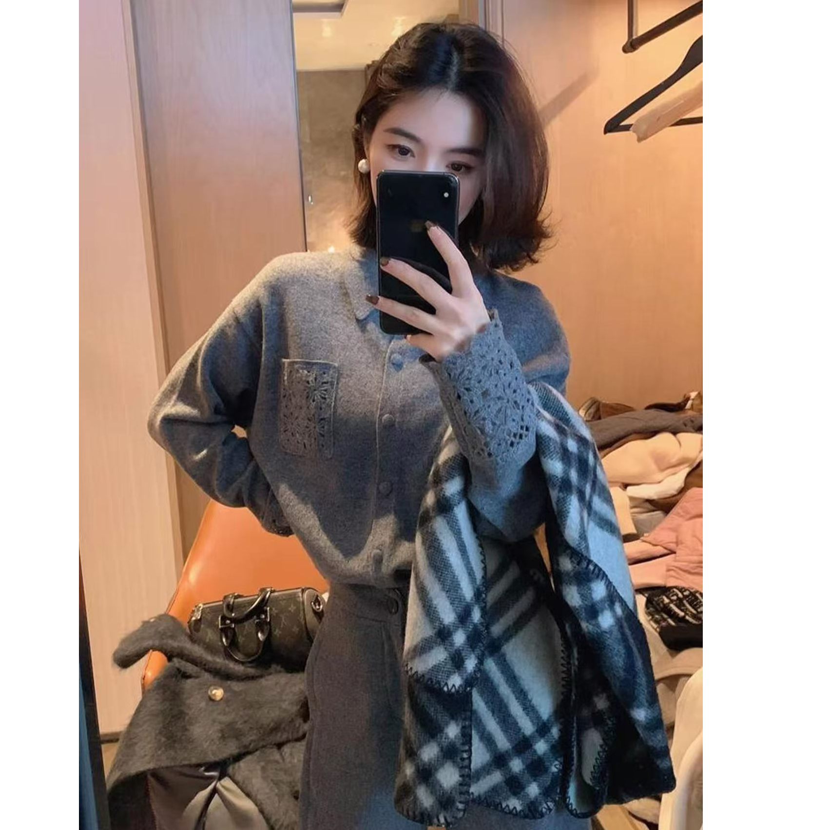 【勾花袖衬衫】减龄百搭！气质衬衣翻领慵懒针织开衫女毛衣秋冬1437