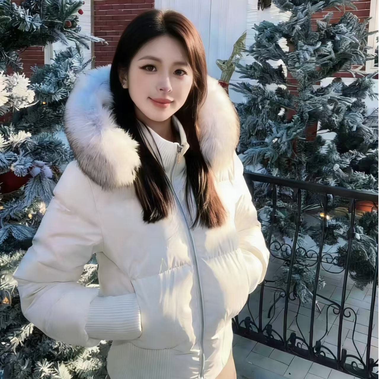 【发财宝贝】“高品质90白鹅绒芬兰雪境”毛领连帽显瘦羽绒服外套女