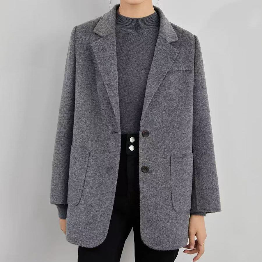 100%纯羊毛双面大衣秋冬高级感百搭韩系宽松中长款呢外套409-2501