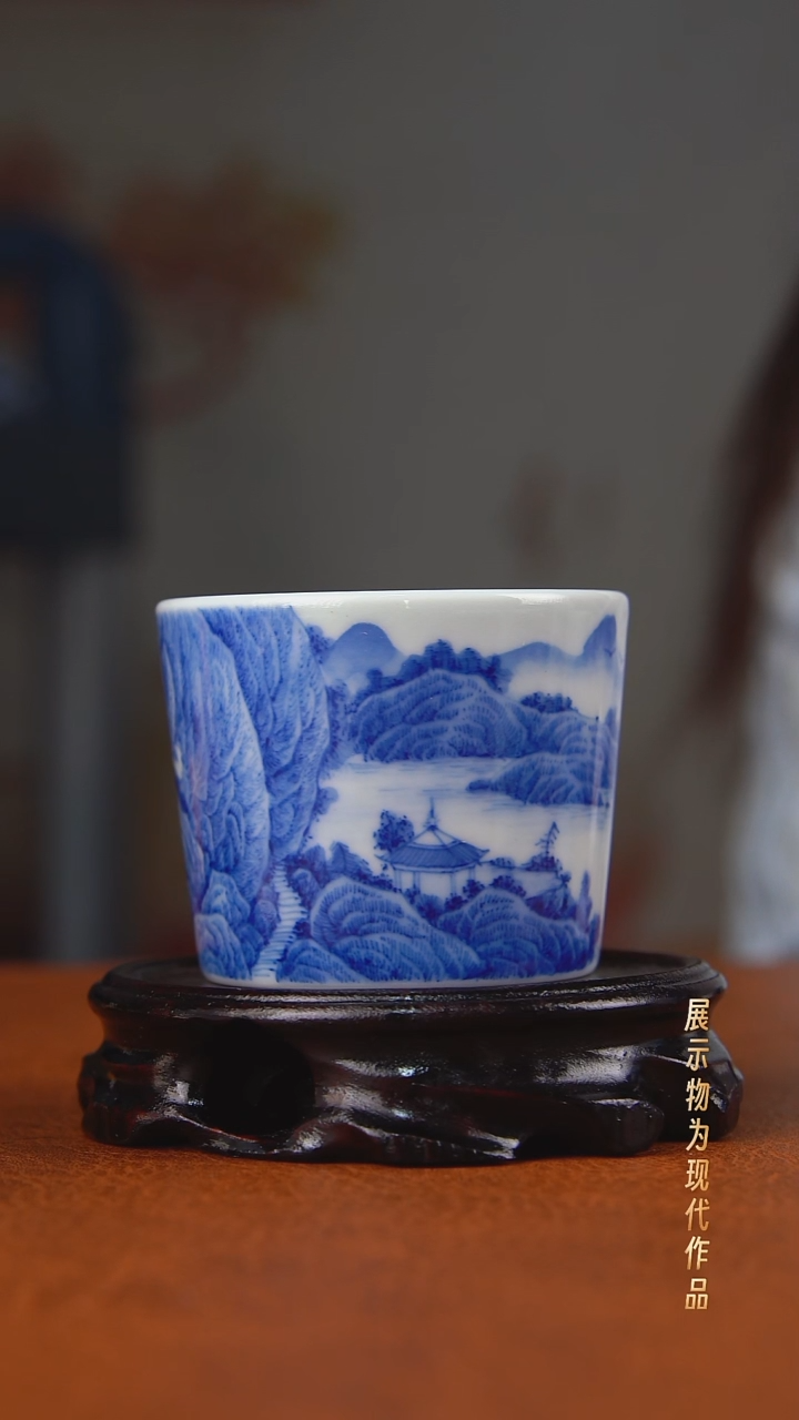 杯子柴窑手绘山水直口杯