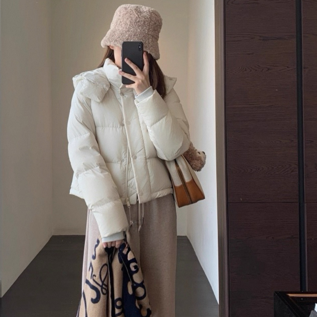 Lu家四格羽绒服系列90%白鸭绒加厚短款可拆卸连帽外套女冬新款