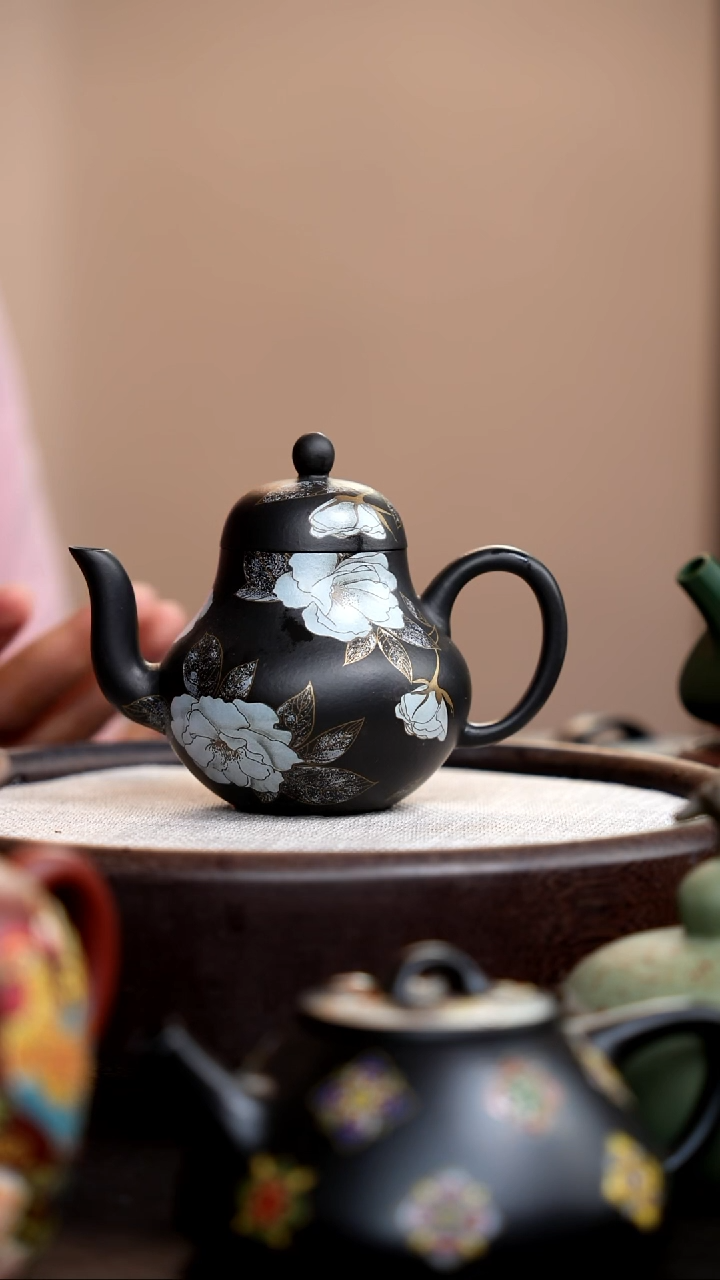 茶壶紫砂捂灰朱泥银牡丹思婷