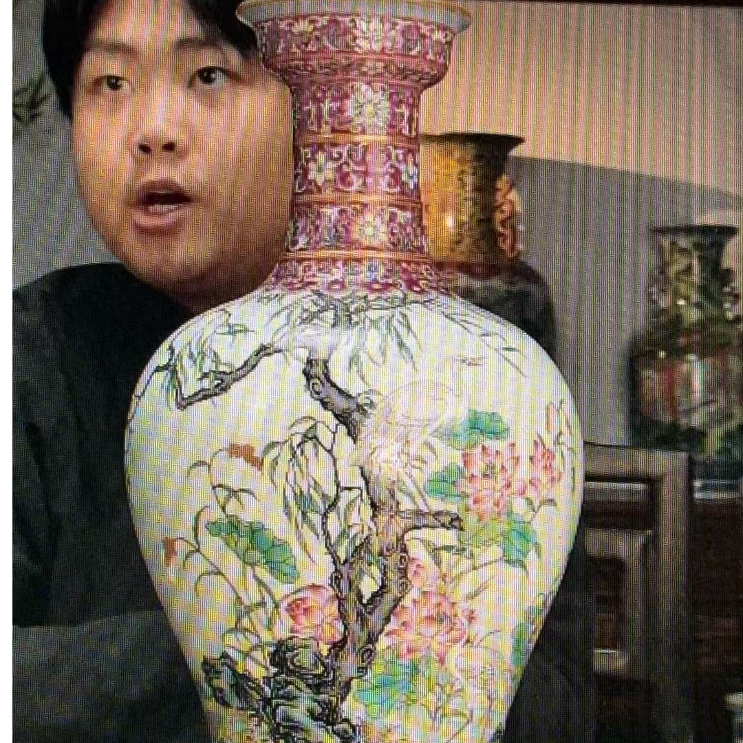 清 粉彩弦纹花卉诗文赏瓶