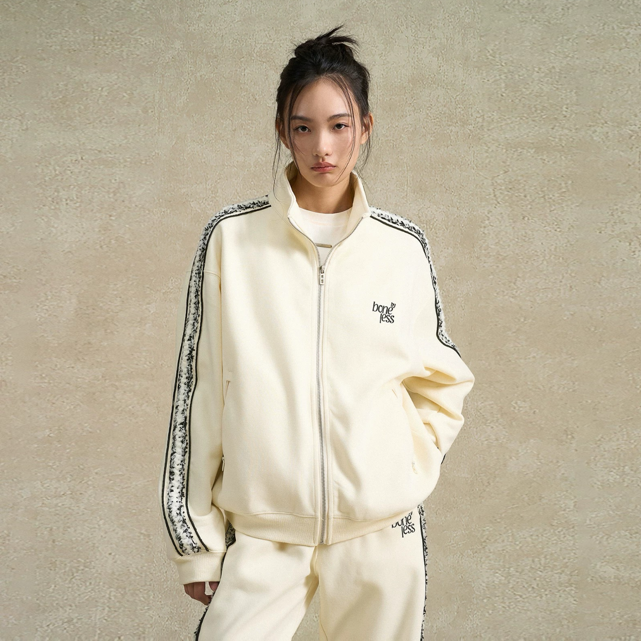 BONELESS花绘系列拼接织带春秋休闲百搭时尚宽松立领开衫卫衣