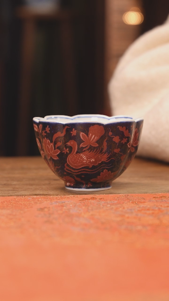 【闪购商品】杯霖南堂 蓝地釉里红鸳鸯瓜棱杯