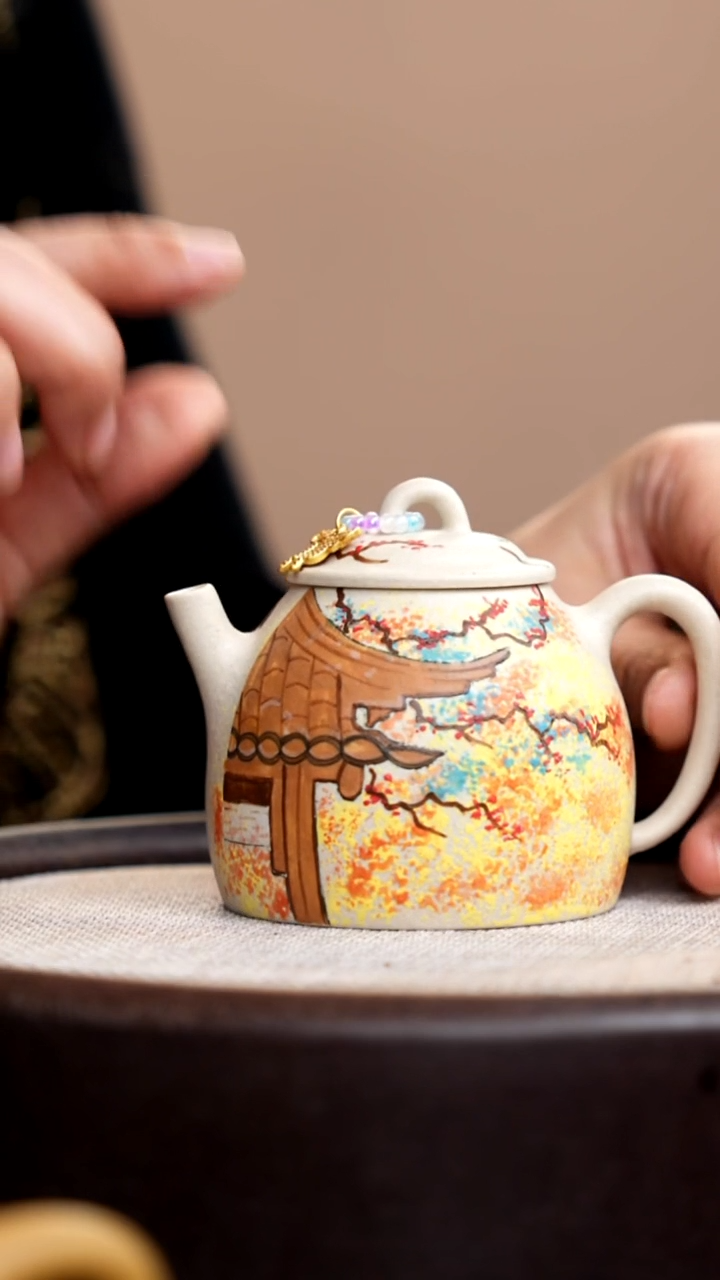 茶壶紫砂白玉段秦权泥绘枫亭晚+杯 