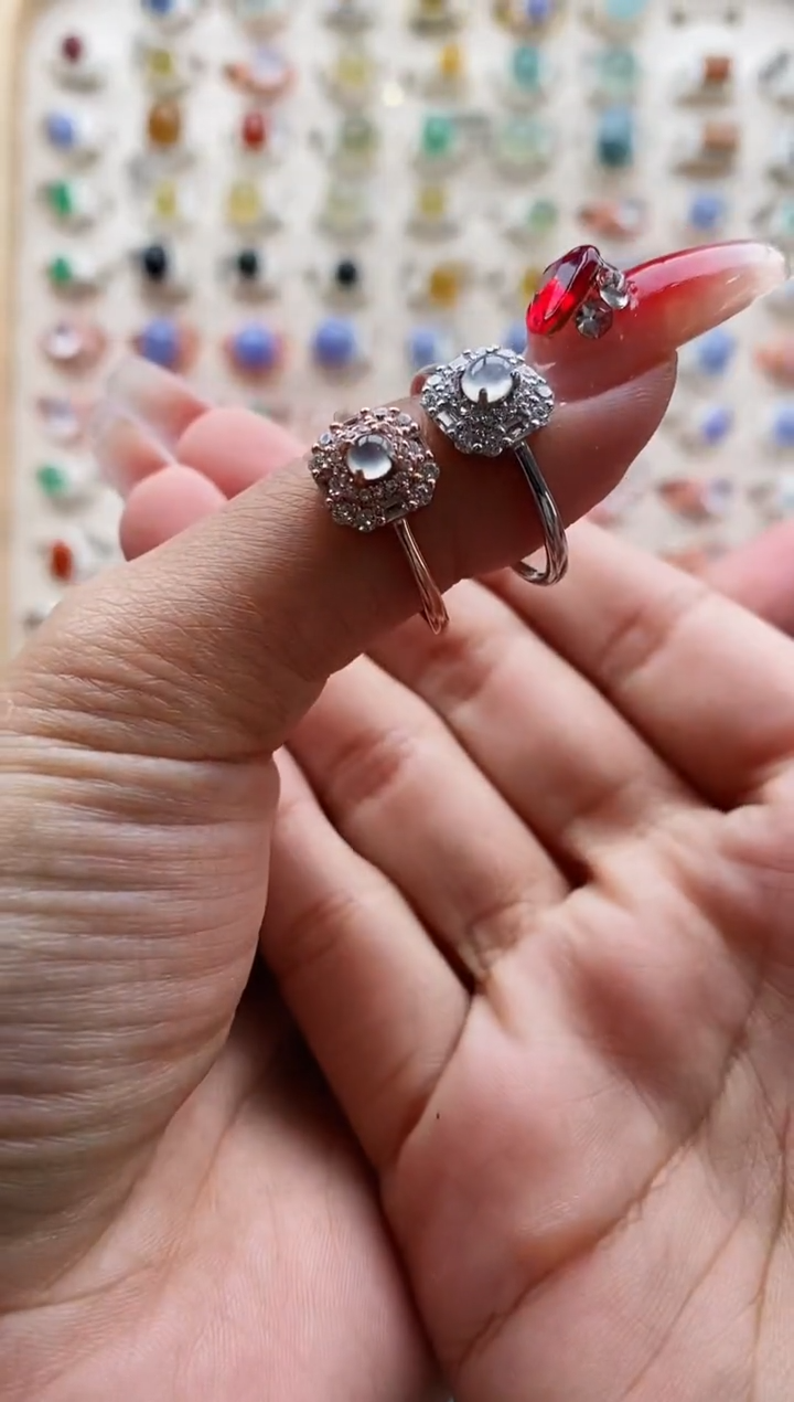 【闪购商品】翡翠戒指银S925镶嵌缅甸天然A货翡翠333 1+3