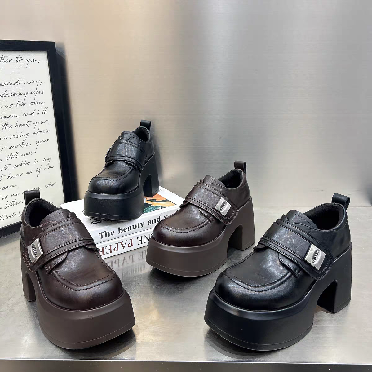 【9厘米】复古英伦风厚底系带增高真皮圆头时尚乐福单鞋