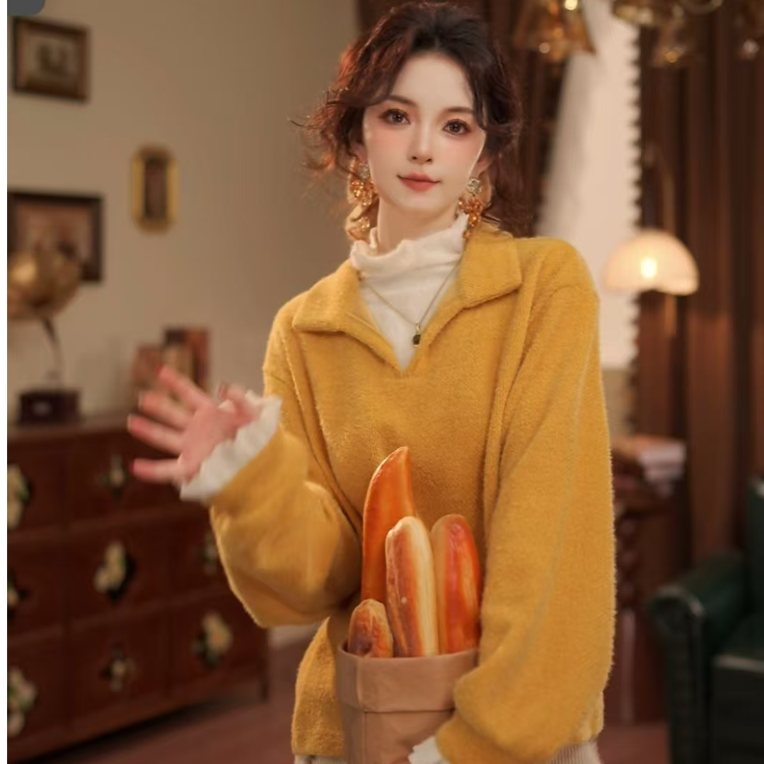 敏恩【落日孤舟】复古港风假两件长袖百搭宽松上衣衬衫WB3328334