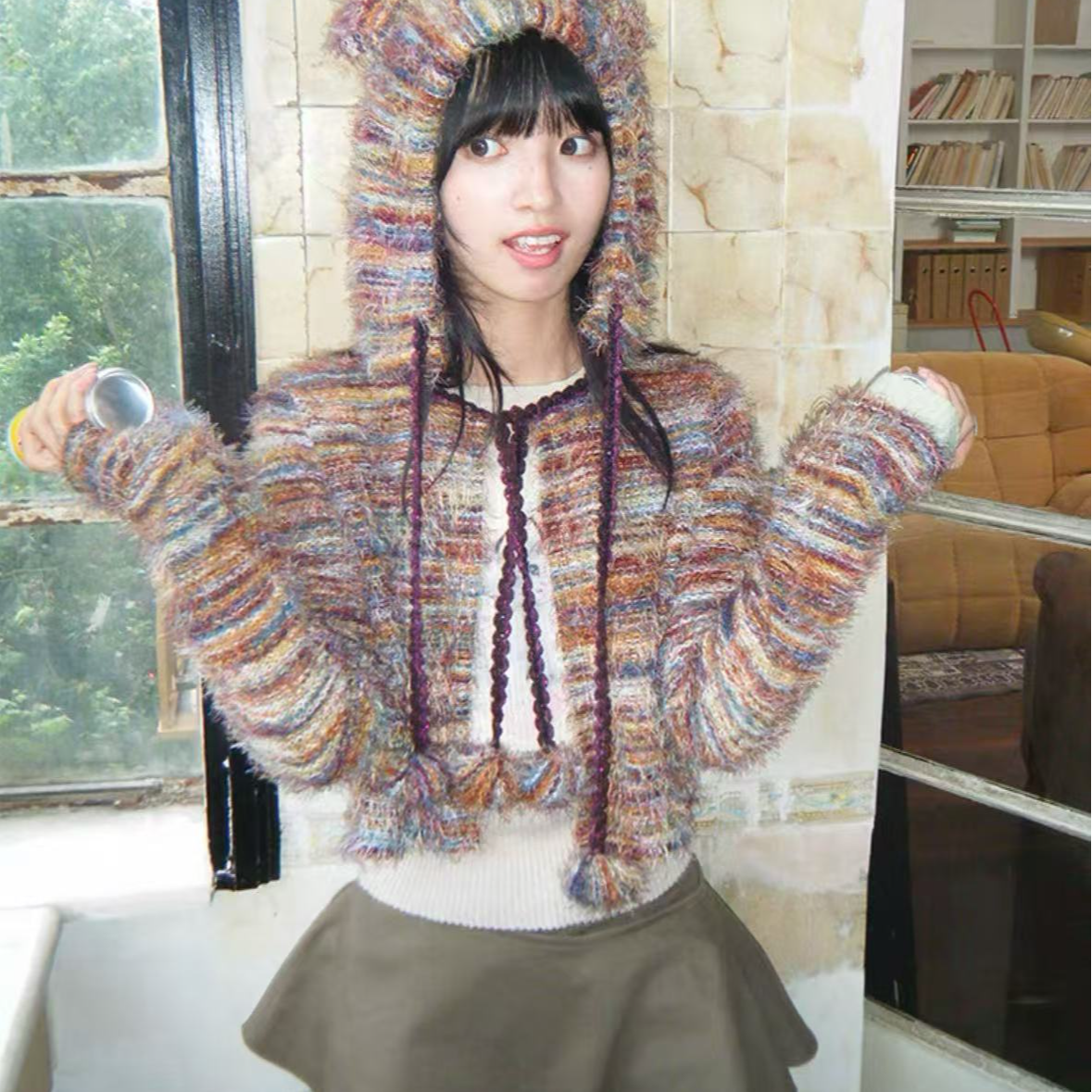 【奥体自播】GS 红色毛绒针织条纹毛球开衫