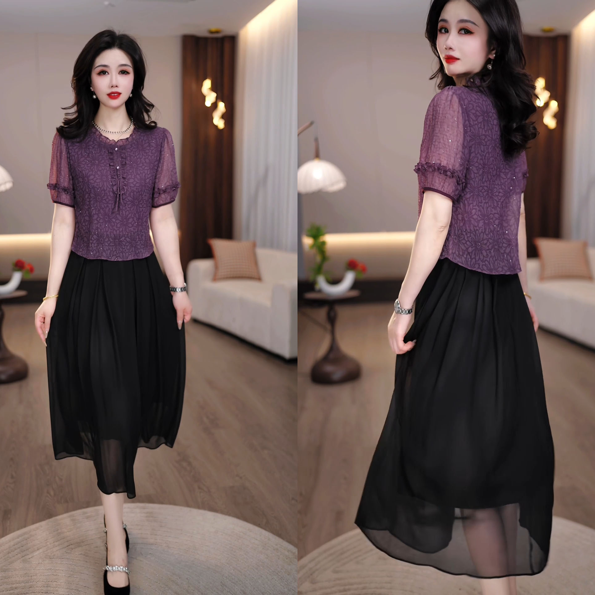 2025夏季设计师新款紫色气质显瘦轻薄透气收腰假两件连衣裙M-4XL
