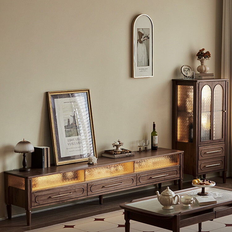 电视柜边柜组合北美黑胡桃木收纳储物一体法式中古复古客厅