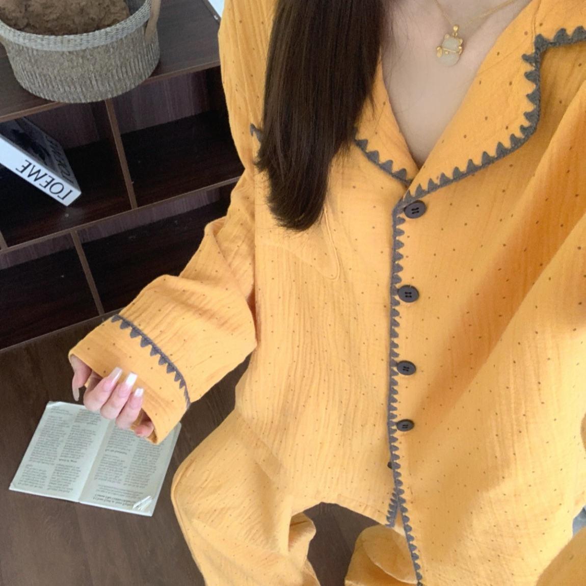 【长袖-贝壳橙心实意】长袖春秋休闲韩版简约睡衣女薄款家居服套装