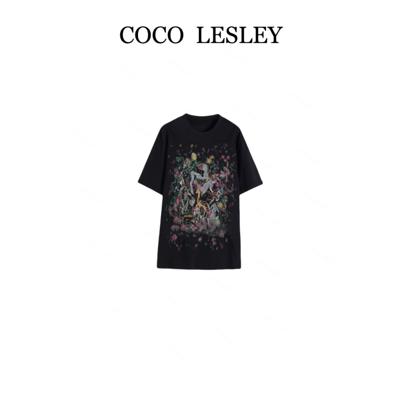 COCO LESLEY 百搭情侣装圆领重工刺绣烫钻宽松T恤2732