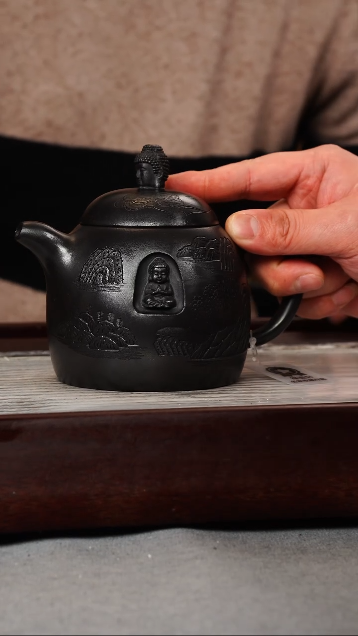 【闪购商品】紫砂茶壶石黄 佛头秦权 刻绘