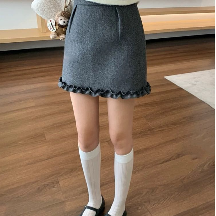 NICE圈圈、韩系毛呢下摆木耳边半裙A6839