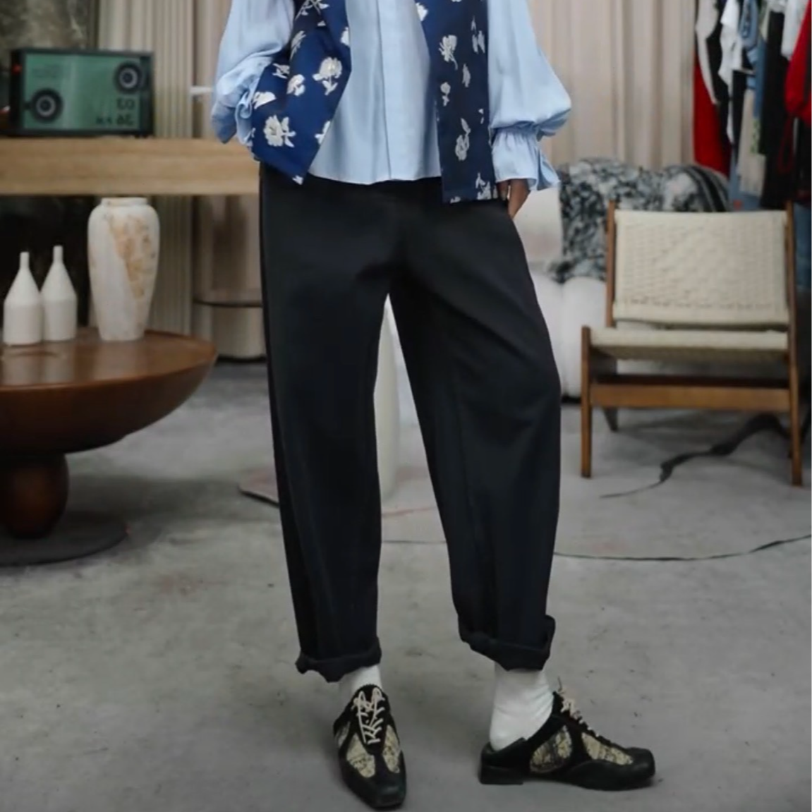 infobyfive福利秋冬潮流纯色裤休闲裤牛仔八分裤阔腿裤2DJ0603