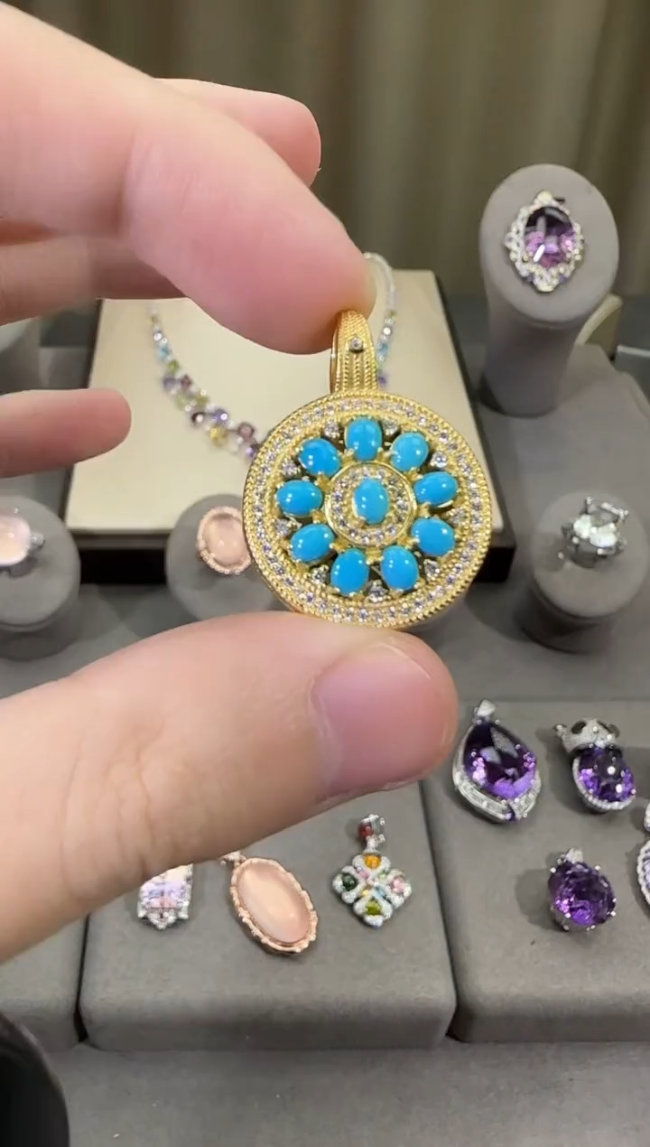 银S925镶嵌绿松石珠宝奇石20mm八宝罗盘设计款