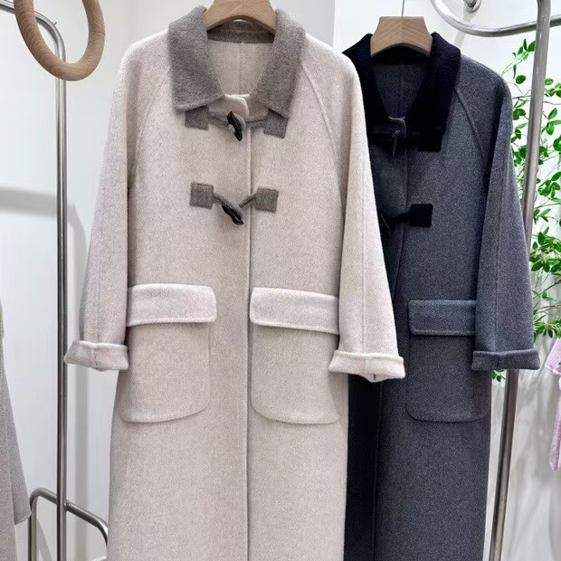 秋冬新款翻领中长款毛呢外套拼接大衣双面呢大衣女士2419