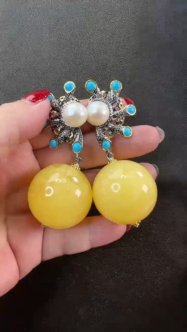 【闪购商品】琥珀耳饰银S925镶嵌耳环