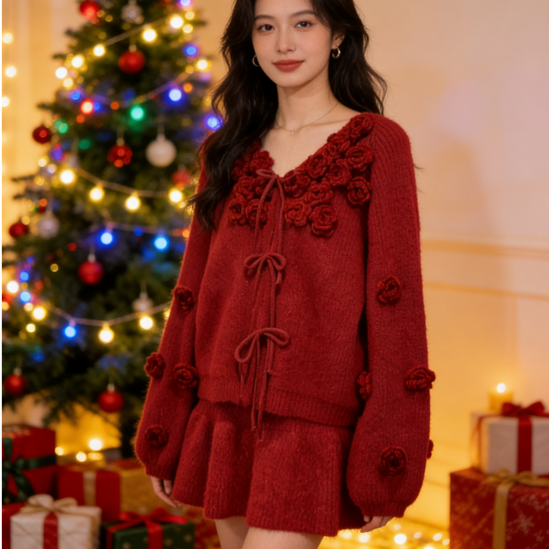 2025秋冬季超火搭配一整套红色毛衣两件套装裙