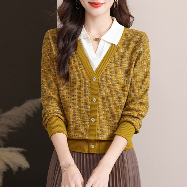 春竹世家假两件翻领长袖毛针织衫洋气秋装女上衣气质新款毛衣中年