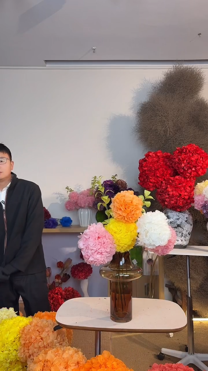 漂色永生绣球小球5枝+橘叶2枝（粉2/橙1/金黄1/白1）