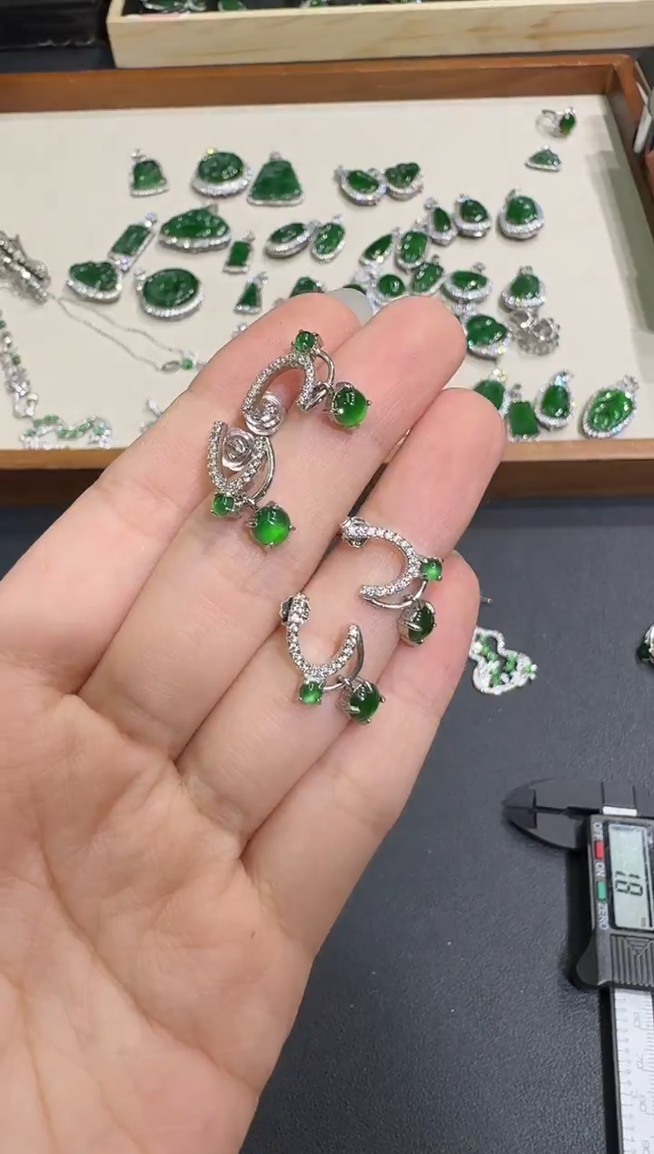 银S925镶嵌翡翠耳饰X1202-886-165多样性一对