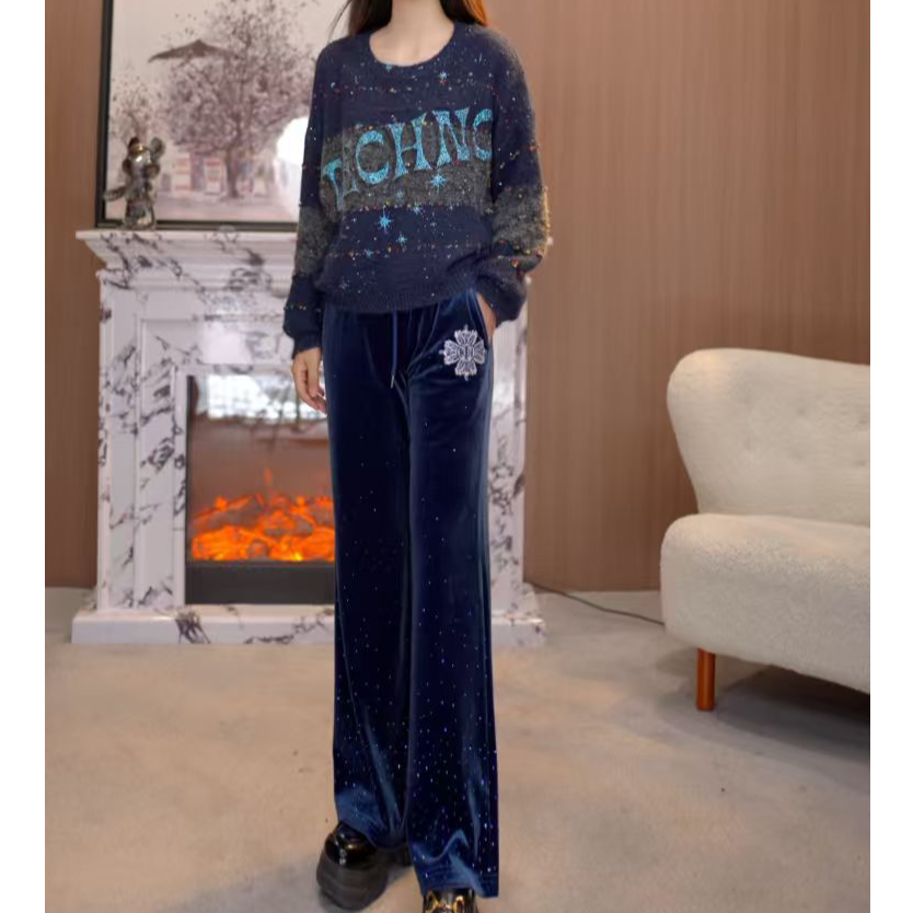 下架款围感烫钻时尚淑女蓝色裤子T75C20E9002轻奢tch
