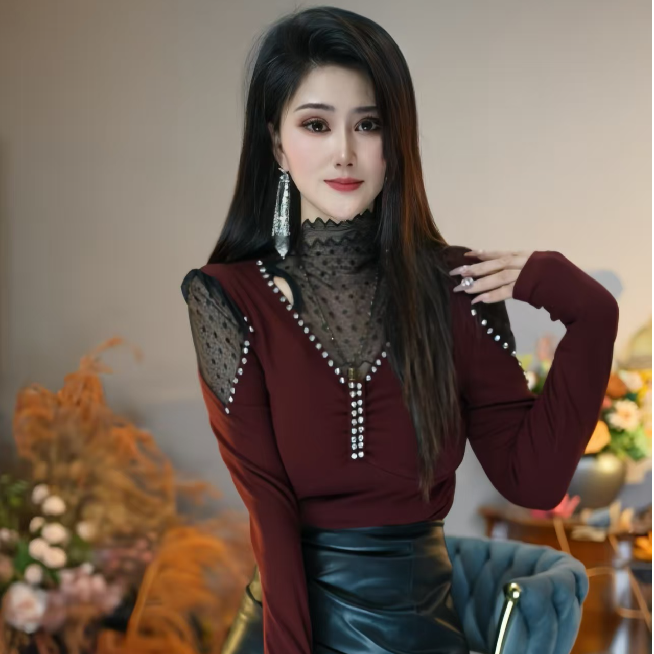 星红2517新款蕾丝镂空气质时尚亮钻打底衫女显瘦磨毛加绒洋气上衣