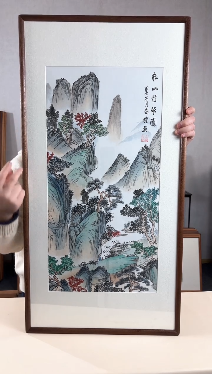 【闪购商品】国画手绘*松山行旅图*47*92cm实木框