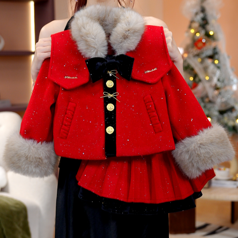 【安妮】女童冬长袖百褶裙加绒加厚小香风女孩洋气红色套装DS20141