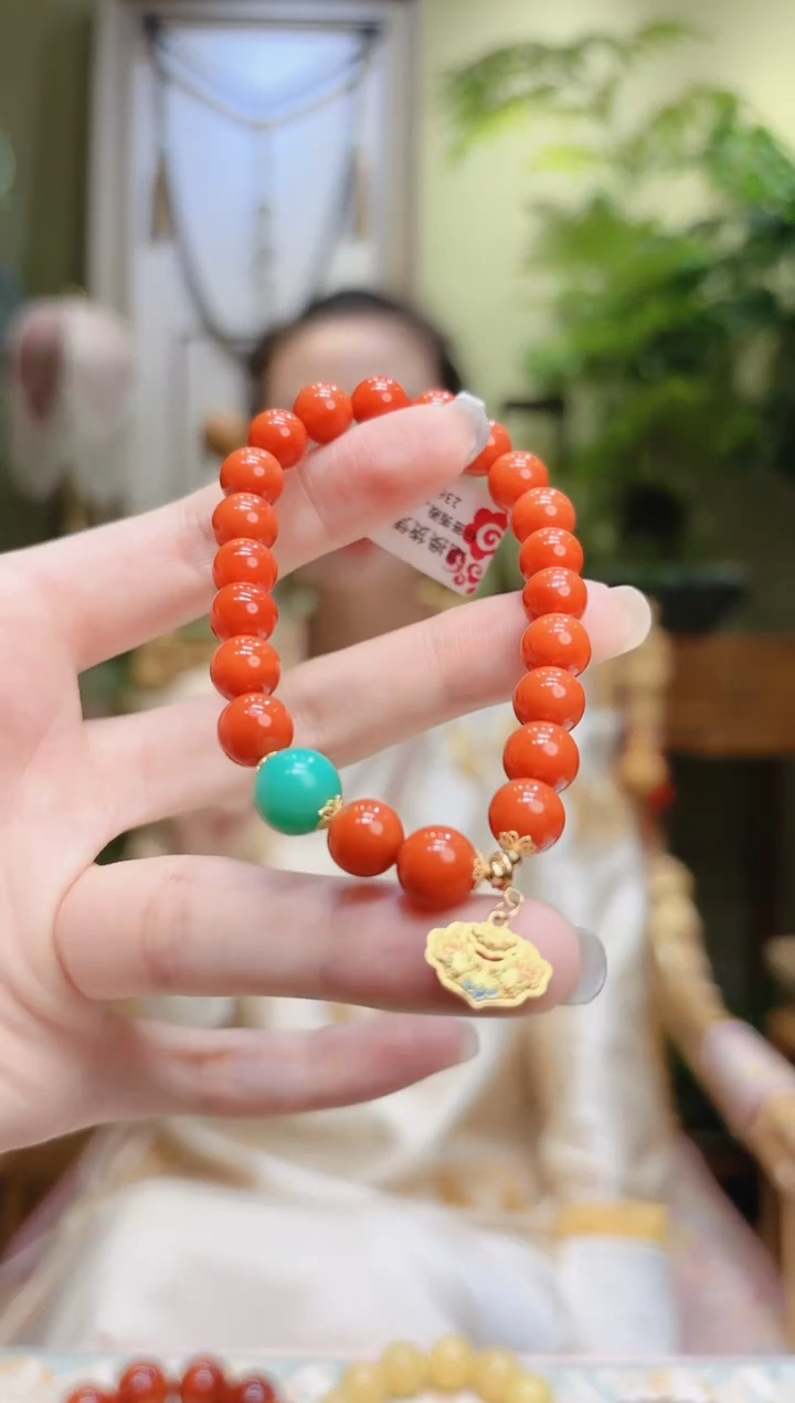 【闪购商品】南红玛瑙手串18K金镶嵌锁包绿珠南红手串
