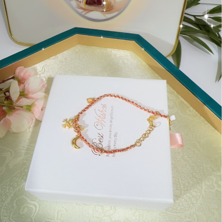 足金999红色纺织绳月牙手链  