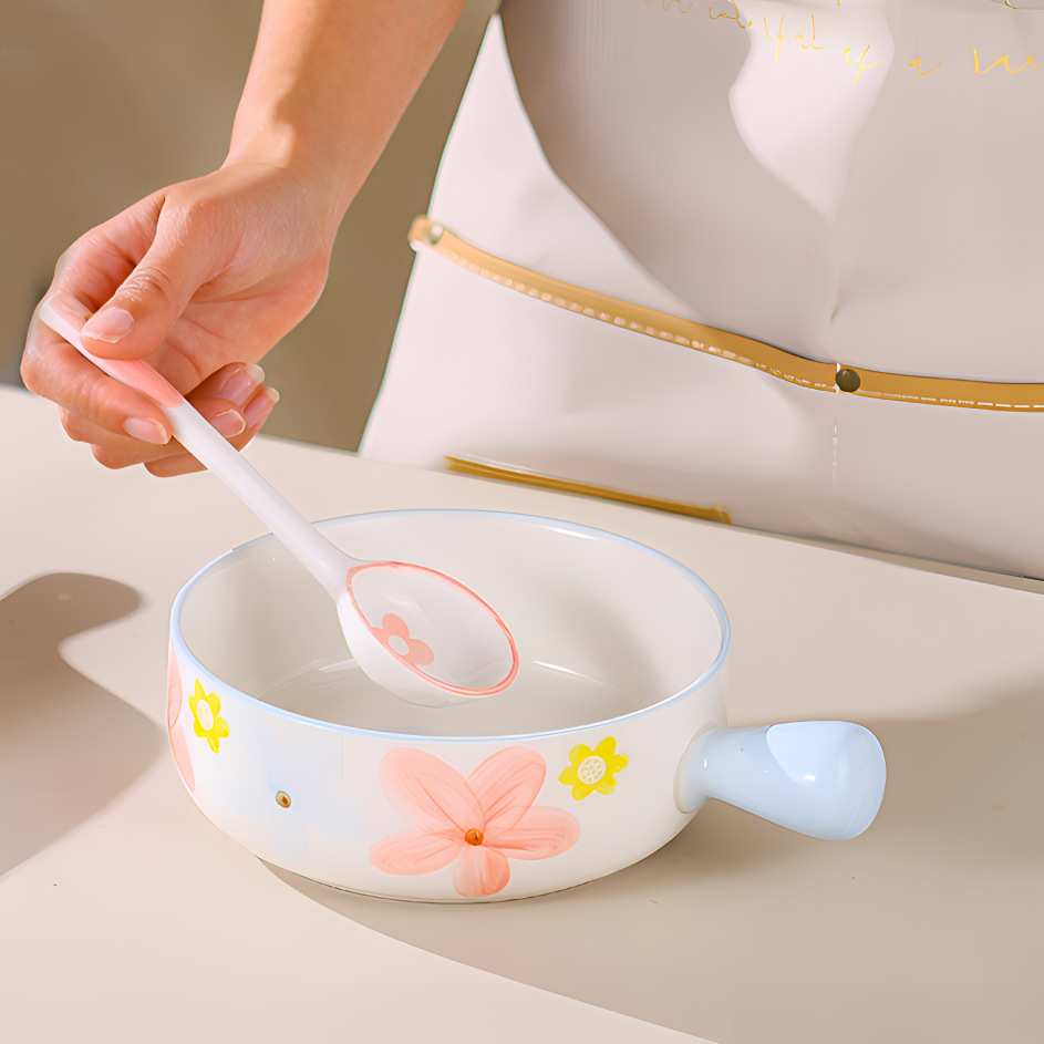 【梨花海棠】釉下彩陶瓷手柄碗创意米饭碗可爱沙拉碗