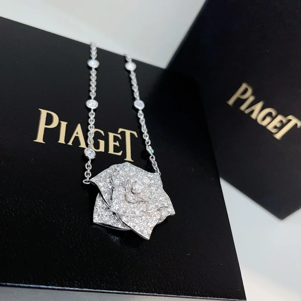 99新 Piaget/伯爵 小花6欢 玫瑰花 18K白金 满钻 项链