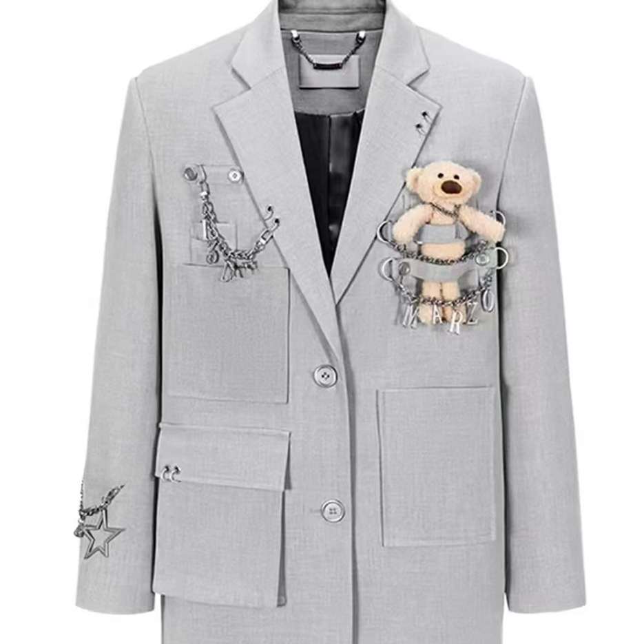 13西装女多口袋金属链条宽松外套2025夏季新款