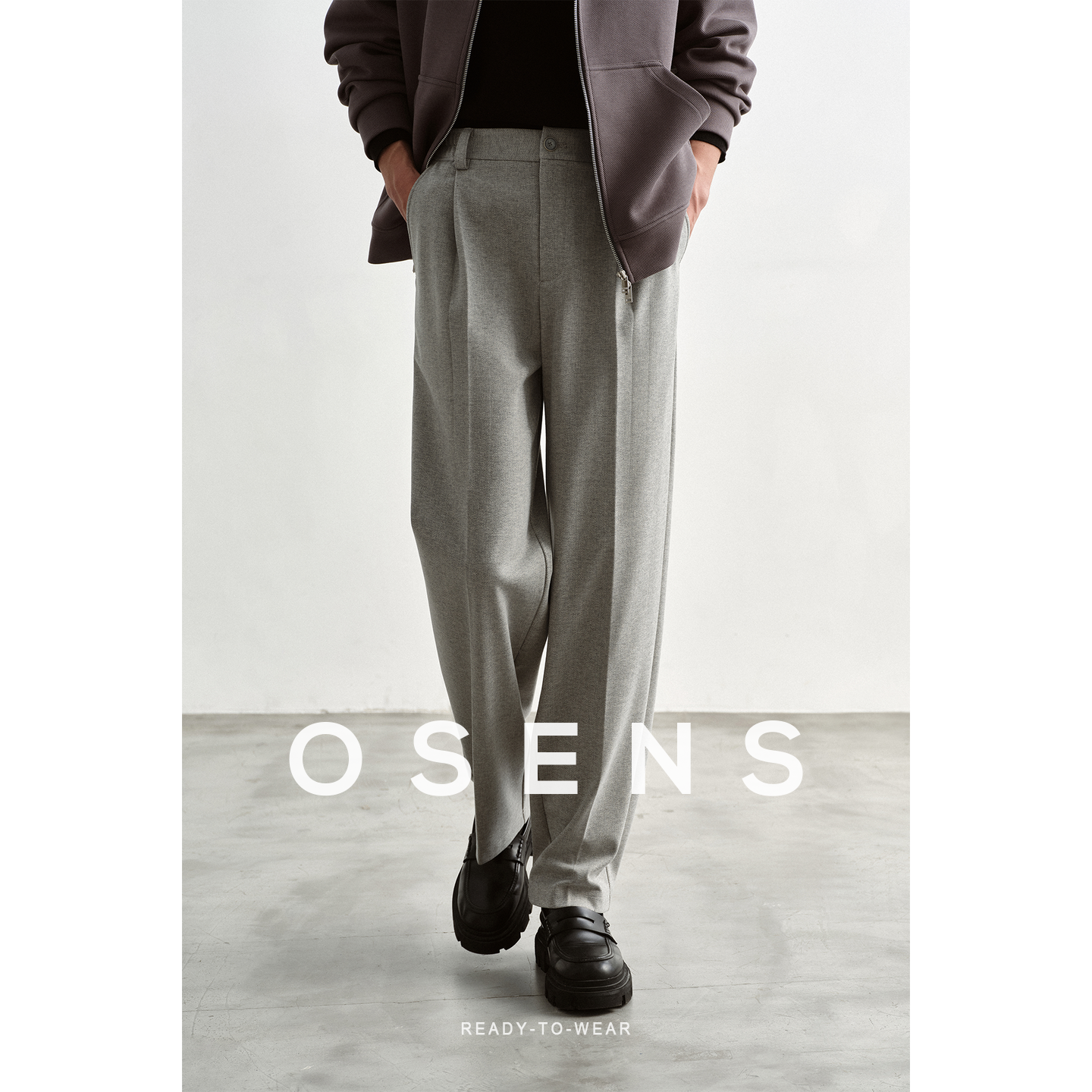 OSENS微弹提花肌理立体单褶通勤阔腿西裤松紧腰直筒休闲裤男秋