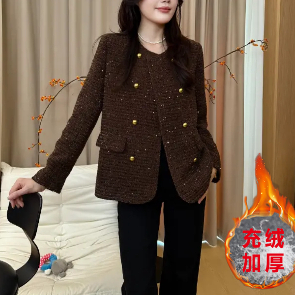 【现货+运费险】黑色充绒长款亮片加厚保暖内胆显瘦精致小香风Q259