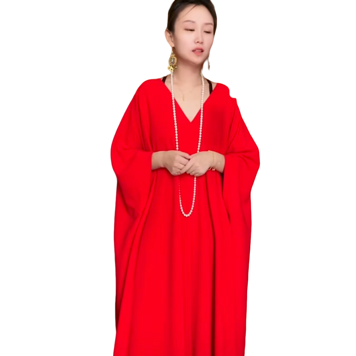 红色V领长连衣裙