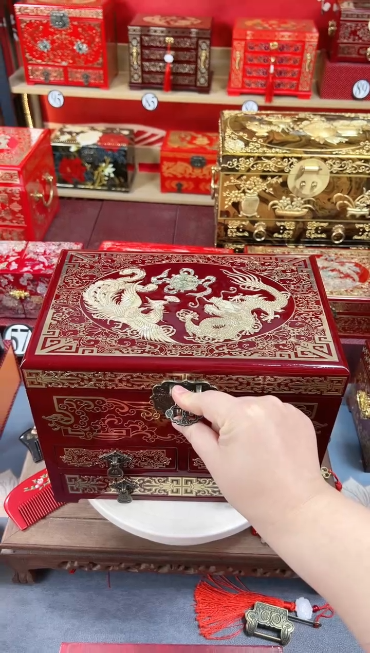 【闪购商品】28厘米新款四层三抽掐丝螺钿酒红龙凤