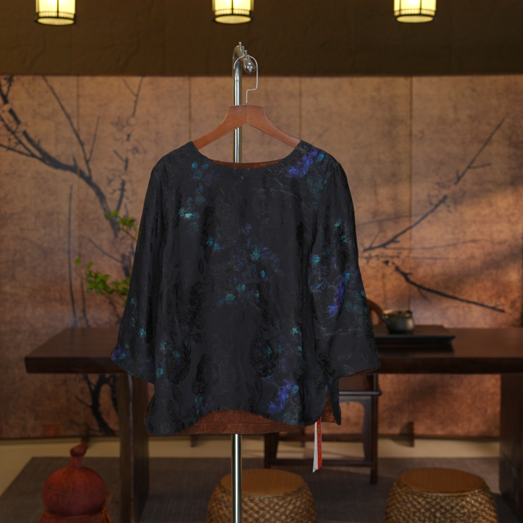 【碧水繁花小上衣】双面穿新中式国风香云纱织花老料圆领老钱风上衣