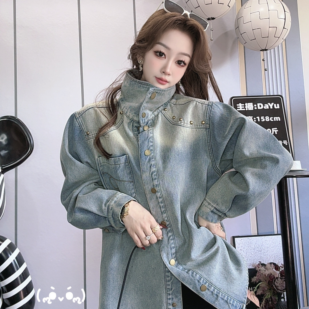 新款美式小众做旧铆钉款加绒加厚牛仔长袖衬衫宽松短款外套