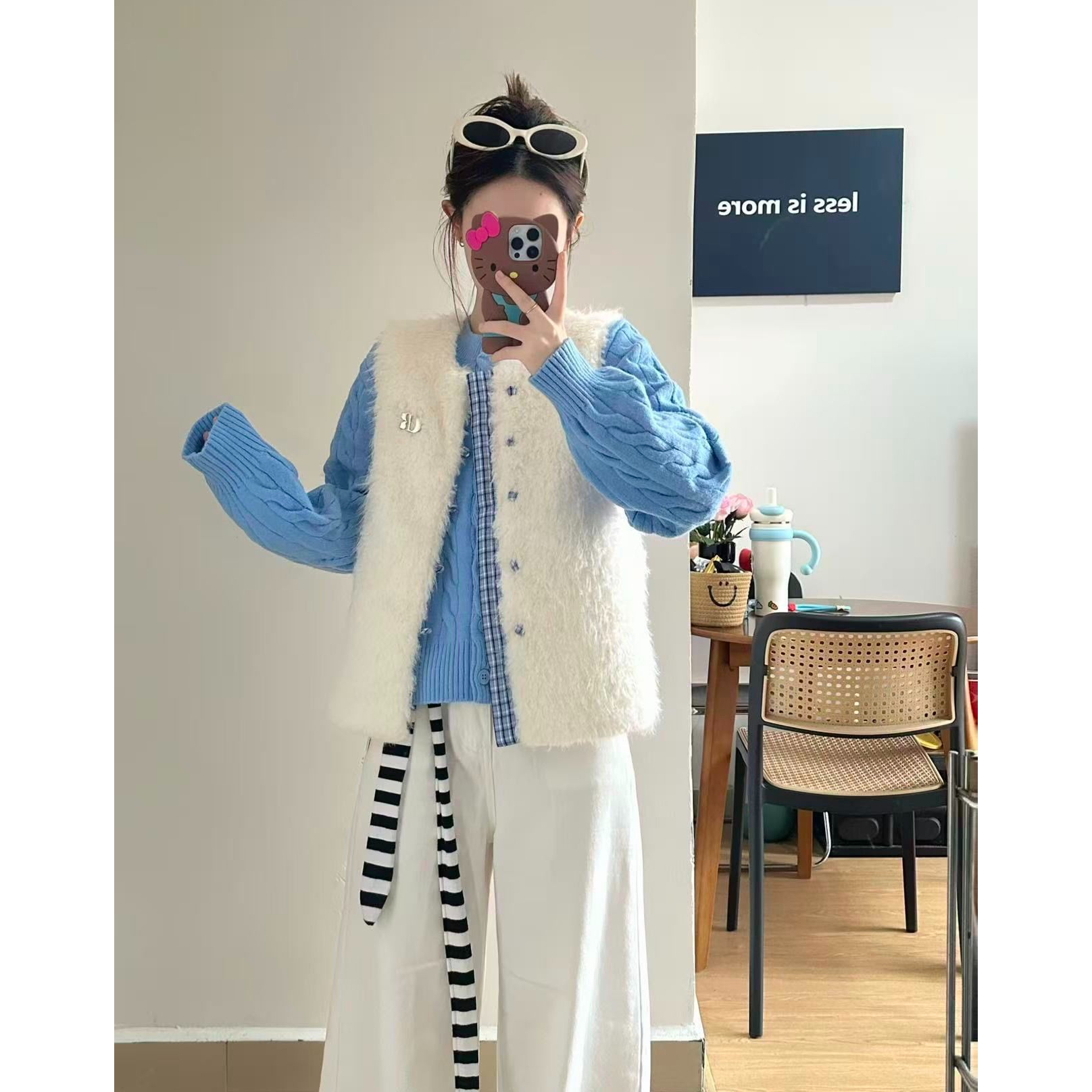 蓝格拼接加棉毛毛马甲女冬羊羔+外穿保暖外套针织毛衣两件套