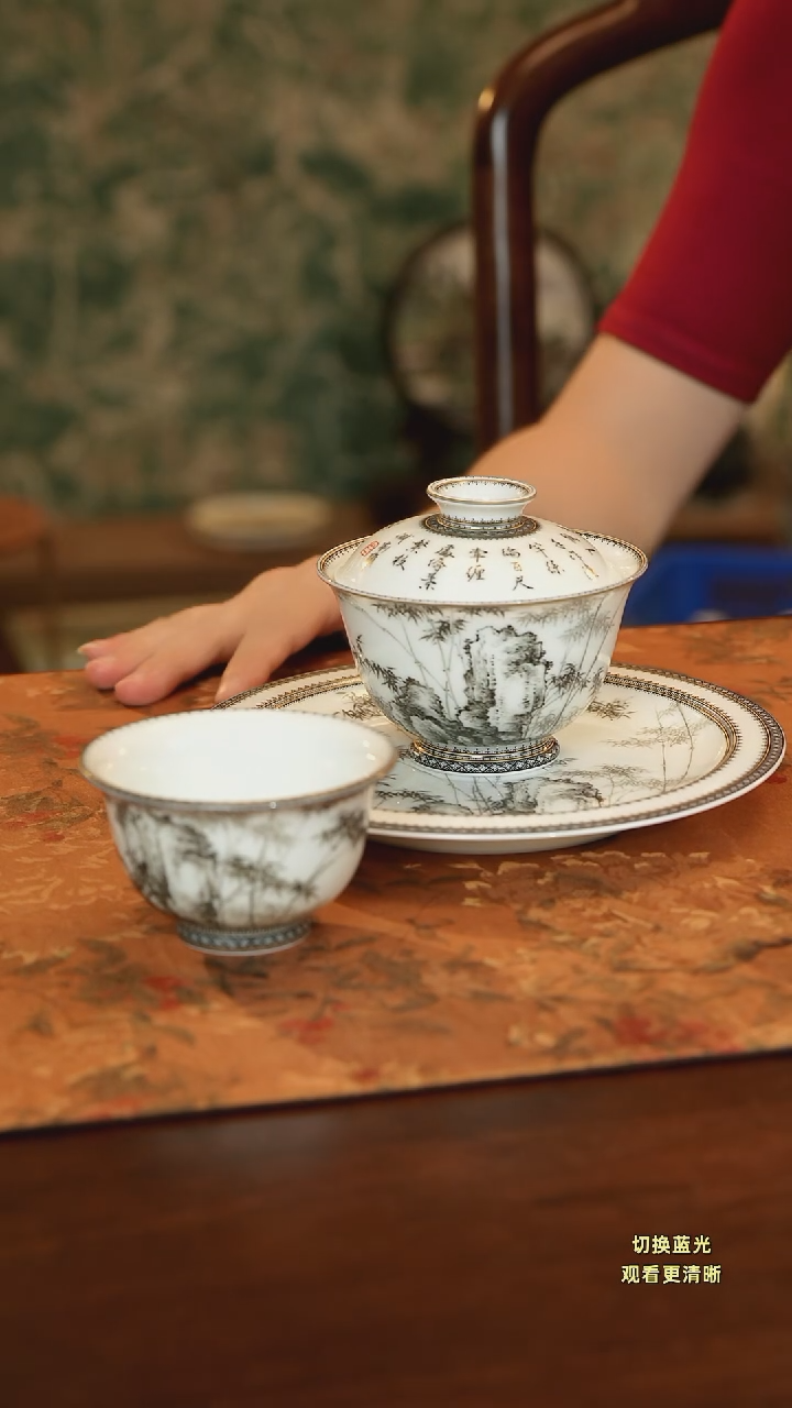 手绘精美纹饰诗画结合墨竹三件套组（可单出）