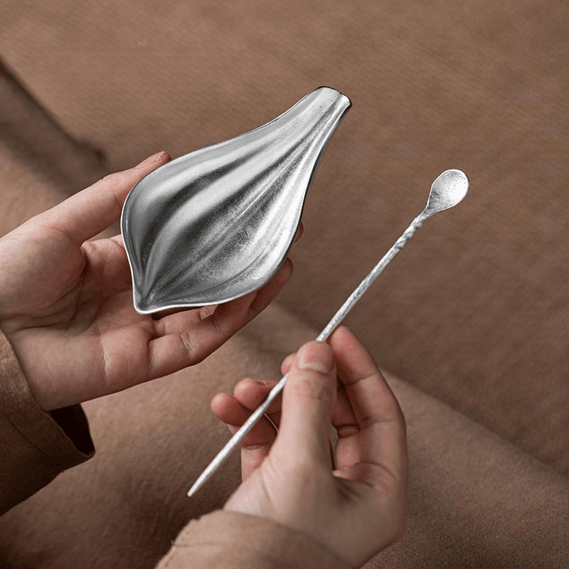 新中式锡制莲瓣型茶则带茶拨 赏茶荷茶勺工夫茶道零配分茶器家用