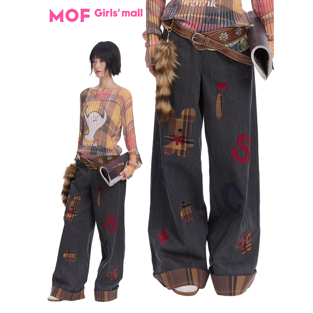 MOF少女百货 复古显瘦字母贴布绣黑色裤子直筒牛仔裤 老钱风裤子